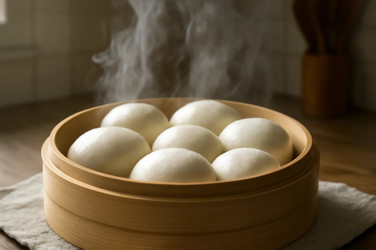 Xửng bánh bao chay vừa hấp xong, vỏ trắng mịn còn bốc hơi