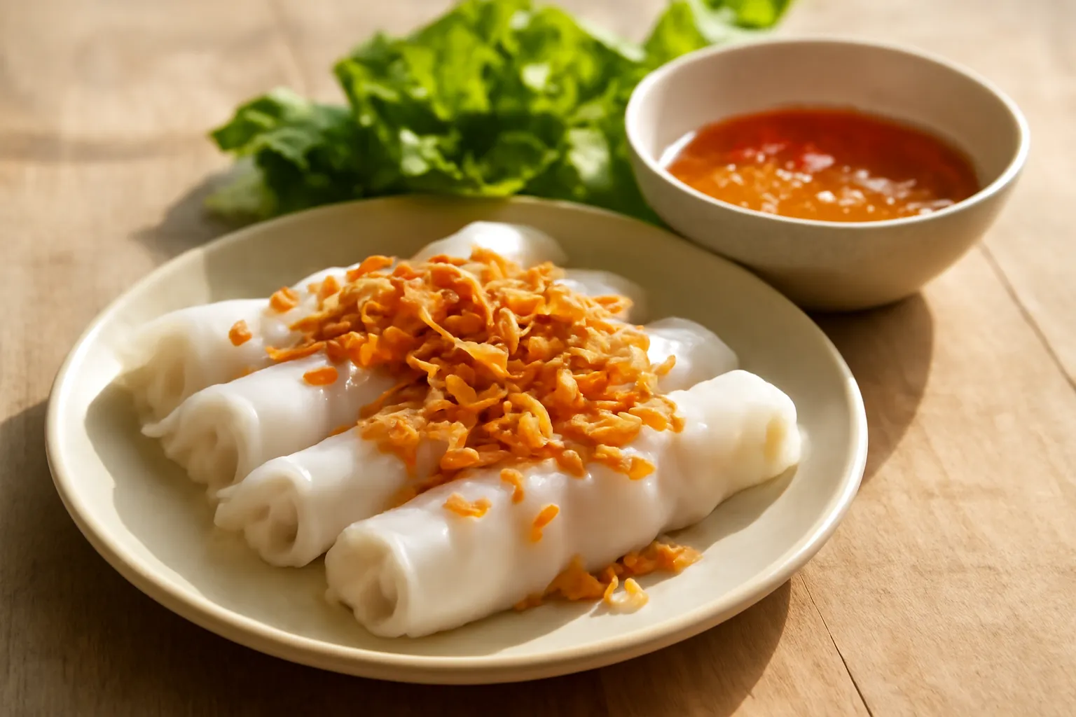 Đĩa bánh cuốn chay rắc hành phi, bên cạnh là bát nước chấm và rau thơm
