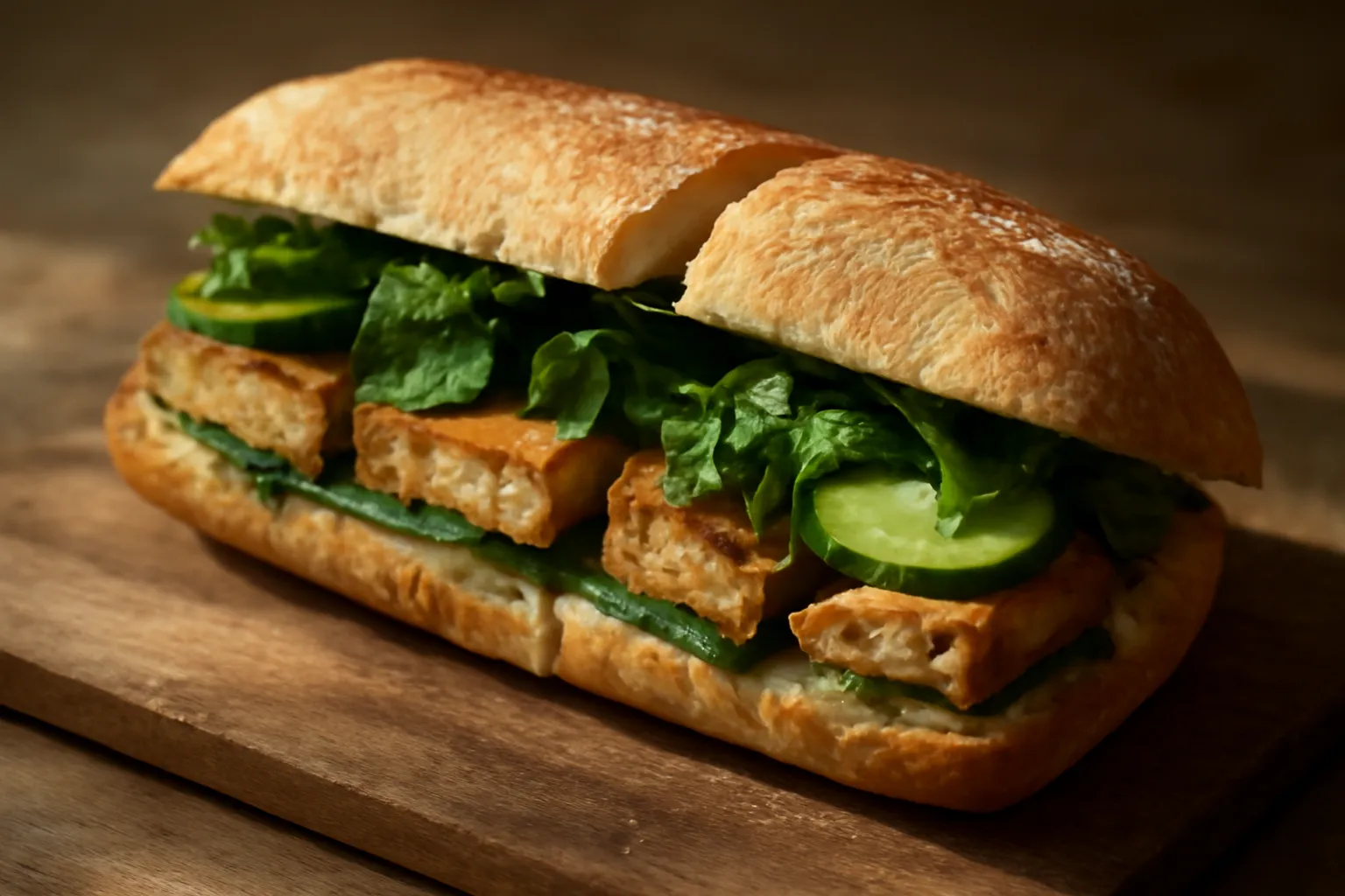 Ổ bánh mì kẹp đậu hũ, dưa leo và rau thơm cắt đôi trên thớt gỗ