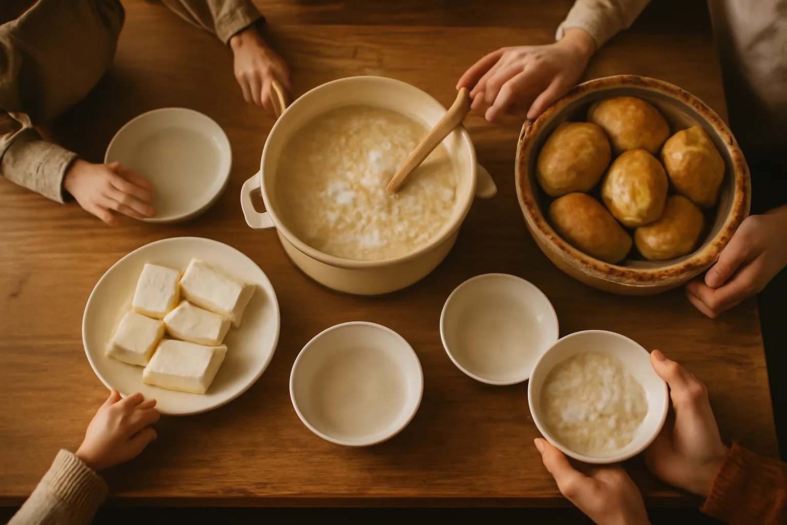 Bàn ăn sáng bày nồi cháo, đĩa đậu hũ, rổ bánh mì và các bát nhỏ cho mỗi người tự lấy