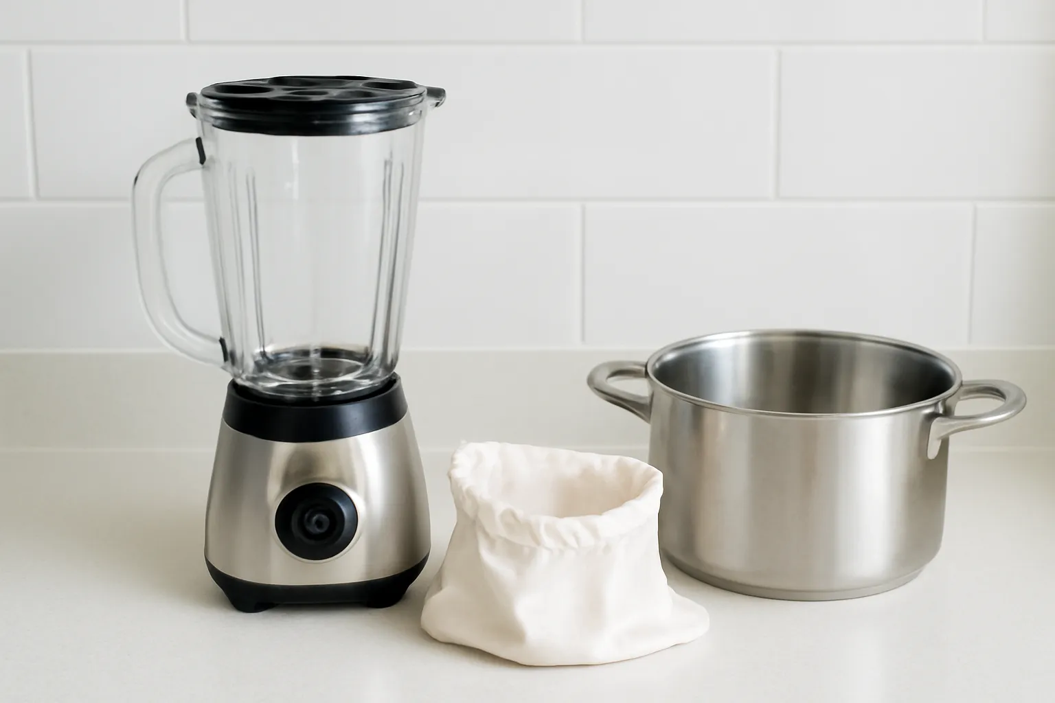 Máy xay, túi vải lọc và nồi inox xếp cạnh nhau trên bàn bếp đã rửa sạch