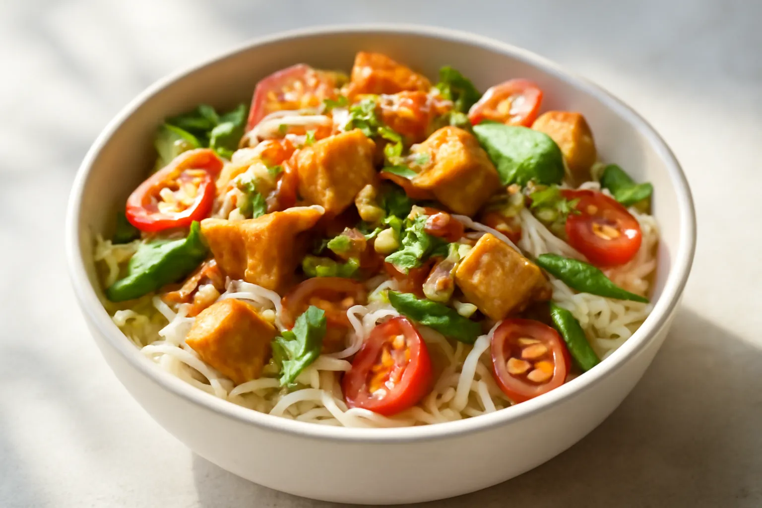 Tô bún trộn chay với rau sống, đậu hũ chiên, đậu phộng và sốt rưới lên