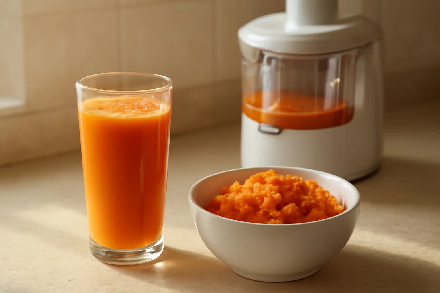 Ly nước ép cà rốt cạnh bát bã còn ẩm và máy ép trên bàn bếp