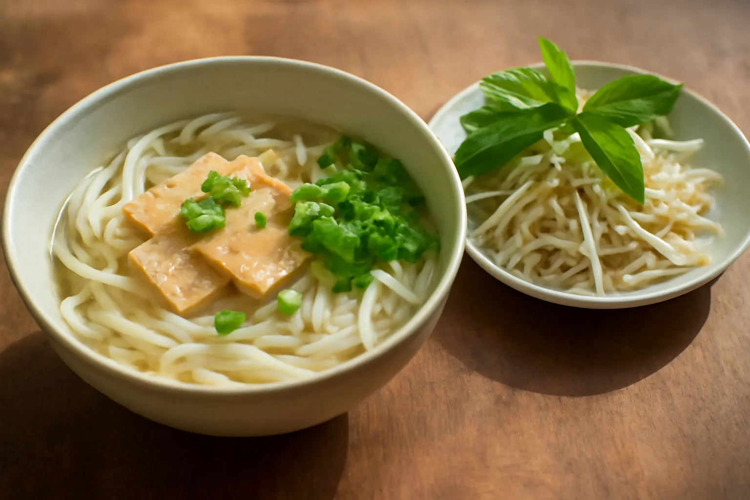 Tô phở chay có bánh phở, đậu hũ, hành ngò và đĩa rau sống bên cạnh