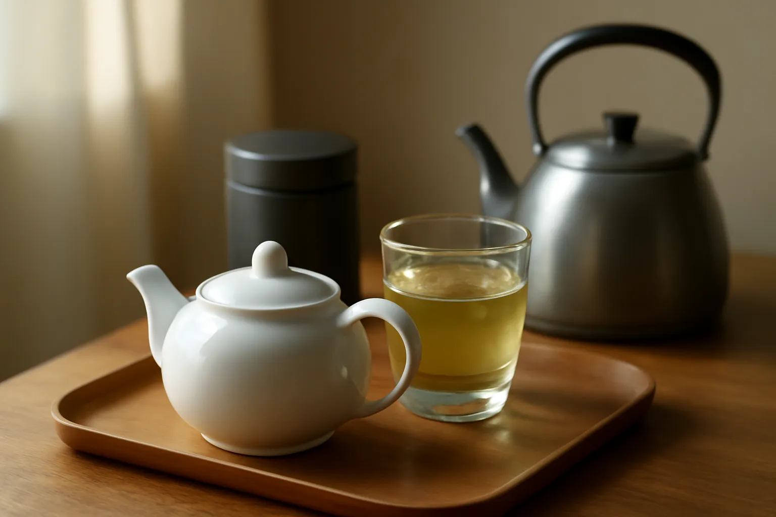 Ấm trà sứ và ly trà xanh trong cạnh hộp trà và ấm nước nóng